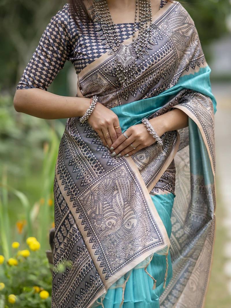Printed Bordered Tussar Saree