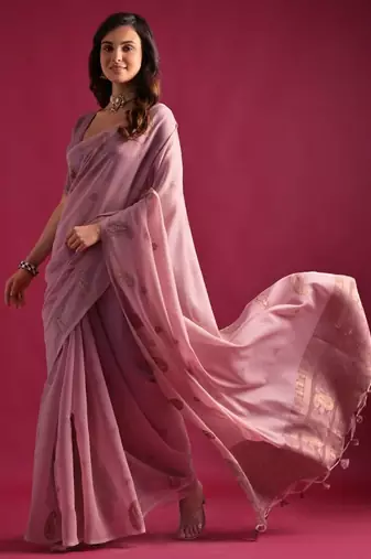 Paisley Woven Design Zari Pure Cotton Chanderi Saree