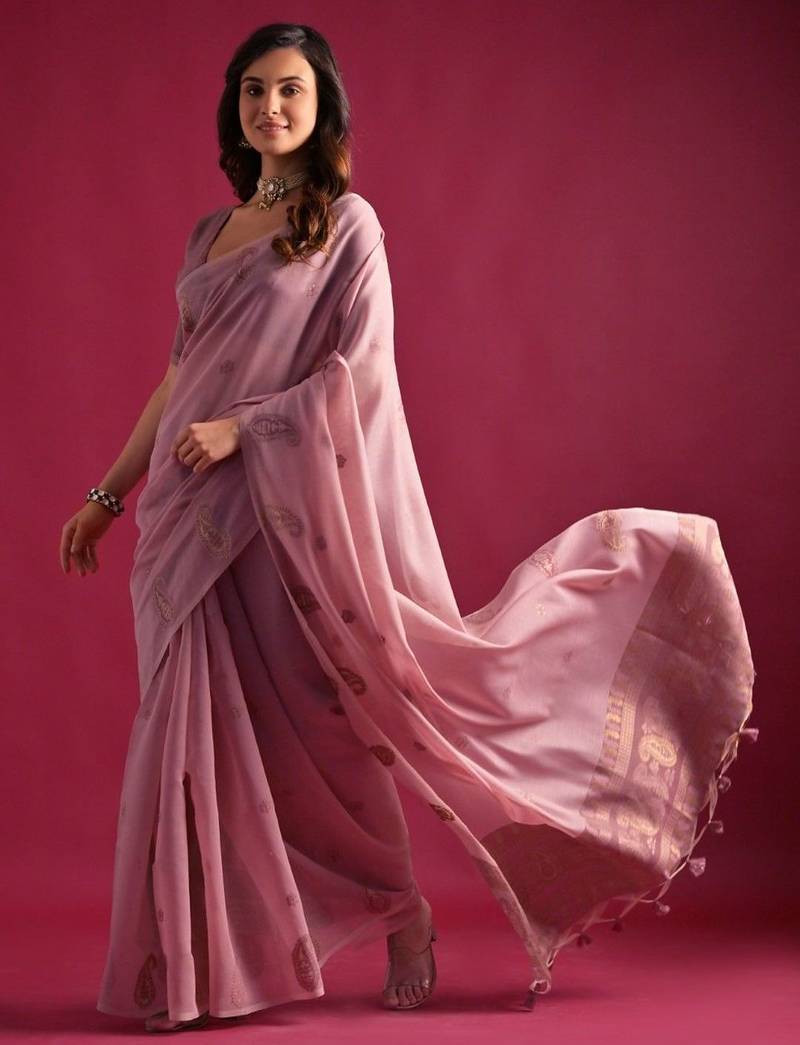 Paisley Woven Design Zari Pure Cotton Chanderi Saree