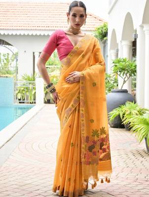 Woven Design Zari Pure Cotton Banarasi Saree with Contrast Blouse 1