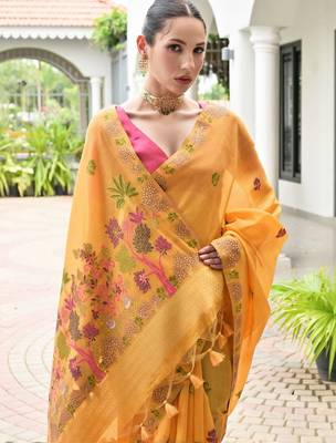 Woven Design Zari Pure Cotton Banarasi Saree with Contrast Blouse 2