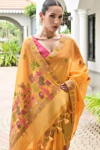 Woven Design Zari Pure Cotton Banarasi Saree with Contrast Blouse