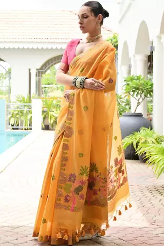 Woven Design Zari Pure Cotton Banarasi Saree with Contrast Blouse