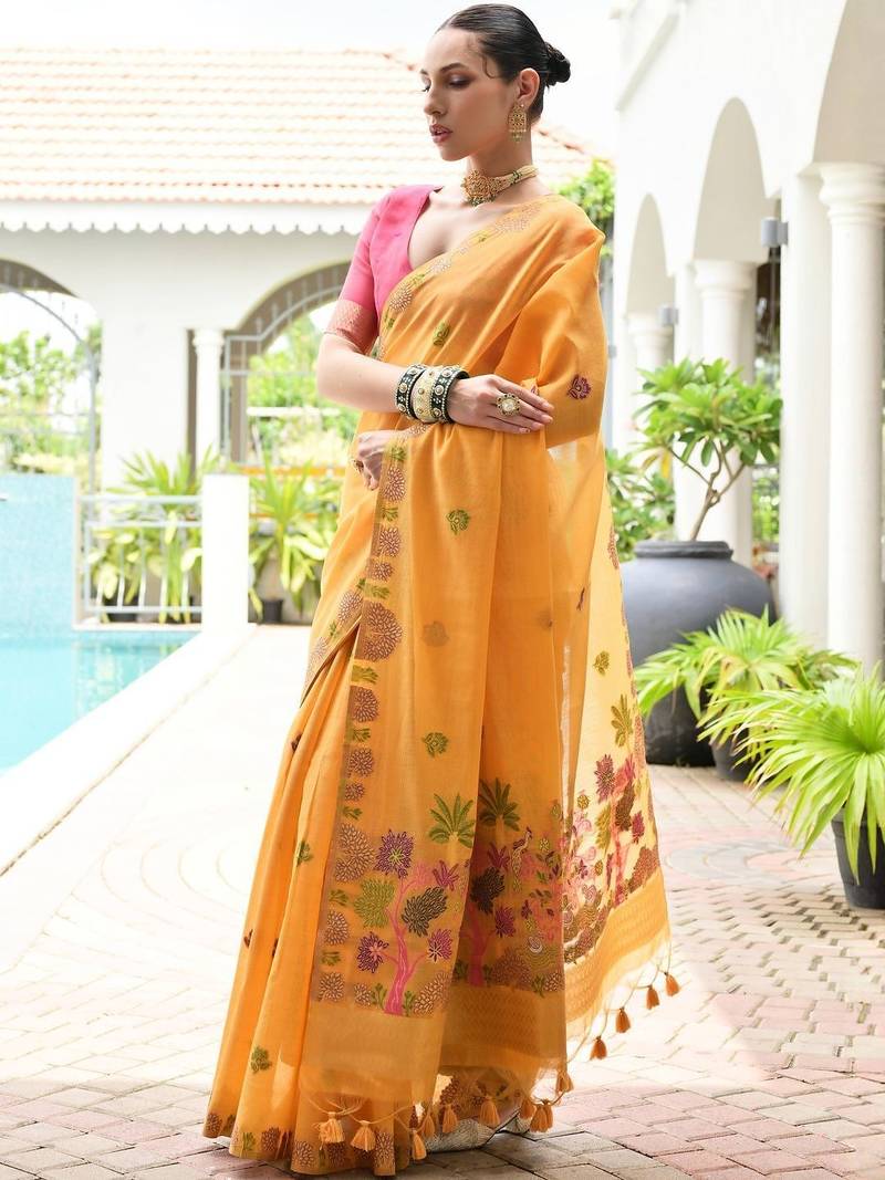 Woven Design Zari Pure Cotton Banarasi Saree with Contrast Blouse