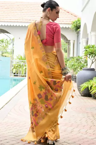 Woven Design Zari Pure Cotton Banarasi Saree with Contrast Blouse