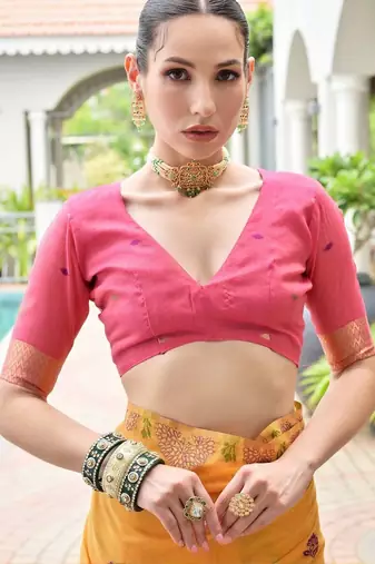 Woven Design Zari Pure Cotton Banarasi Saree with Contrast Blouse