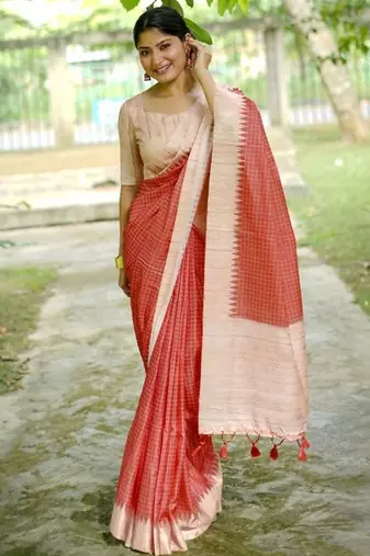 Checked Tussar Saree