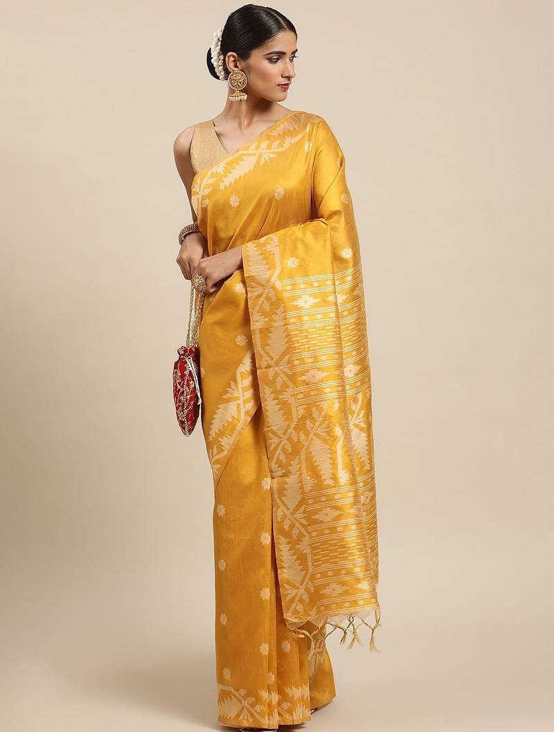 Yellow & Beige Ethnic Motifs Bhagalpuri Saree