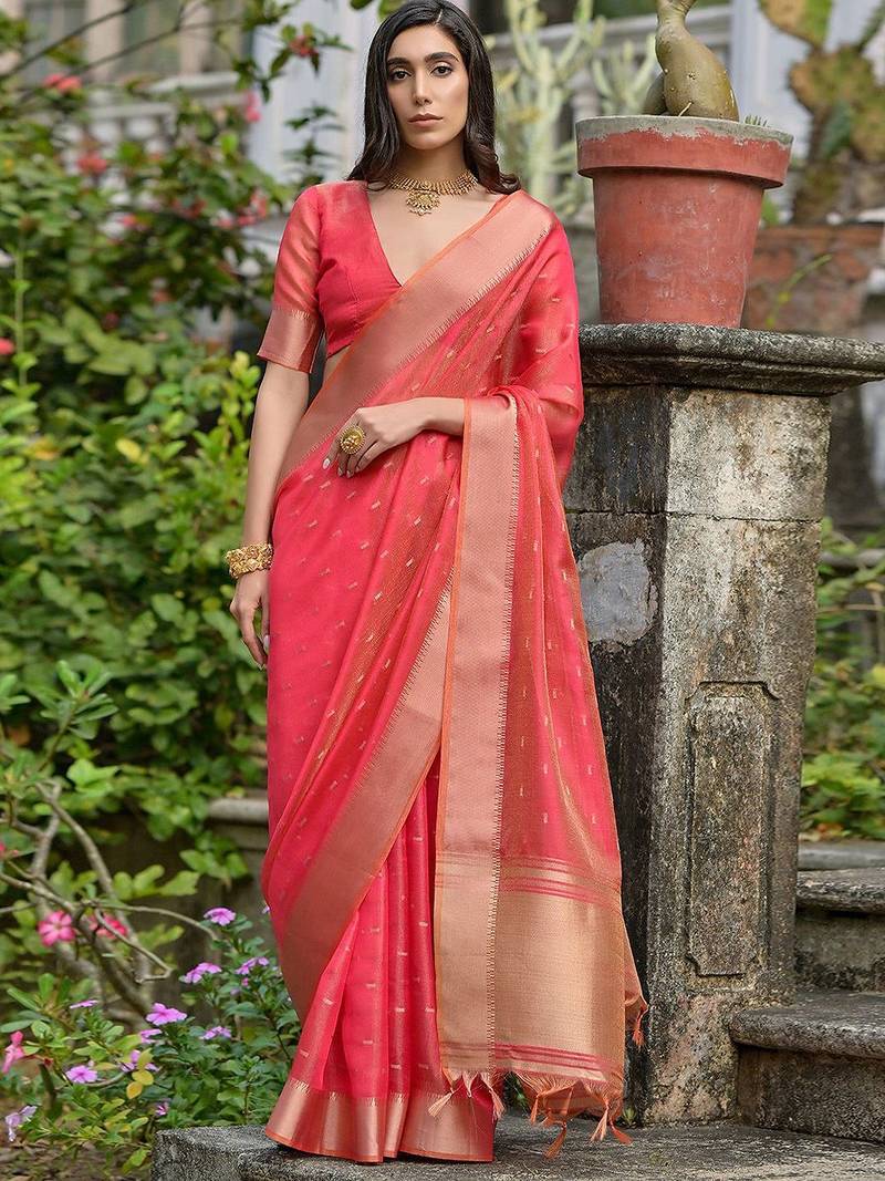 Brink Gajri Woven Design Linen Silk Zari Butti Weaves Saree