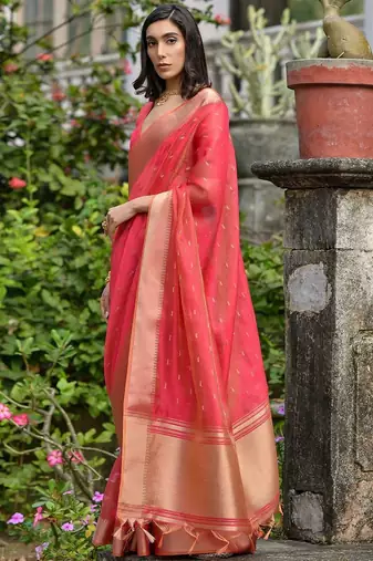 Brink Gajri Woven Design Linen Silk Zari Butti Weaves Saree