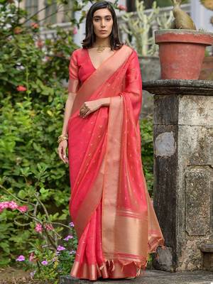 Brink Gajri Woven Design Linen Silk Zari Butti Weaves Saree 4