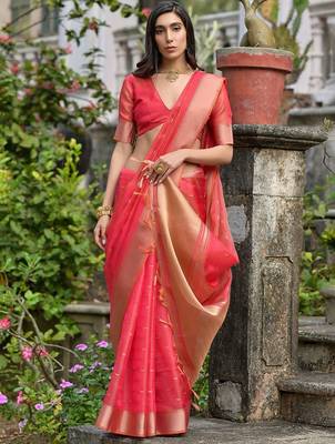 Brink Gajri Woven Design Linen Silk Zari Butti Weaves Saree 5
