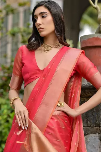 Brink Gajri Woven Design Linen Silk Zari Butti Weaves Saree