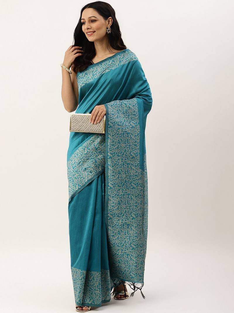 Teal & Off White Bhagalpuri Saree