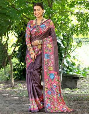 Floral Kalamkari Printed Tussar Silk Saree With Unstitched Blouse Piece 1