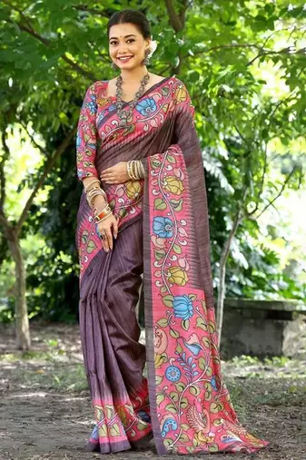 Floral Kalamkari Printed Tussar Silk Saree With Unstitched Blouse Piece