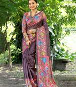 Floral Kalamkari Printed Tussar Silk Saree With Unstitched Blouse Piece