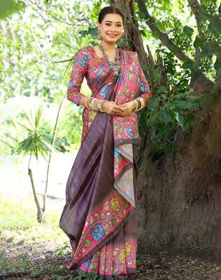 Floral Kalamkari Printed Tussar Silk Saree With Unstitched Blouse Piece 2