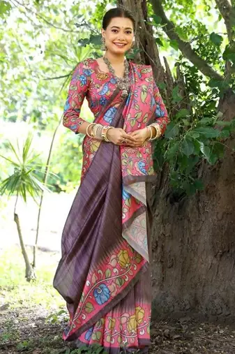 Floral Kalamkari Printed Tussar Silk Saree With Unstitched Blouse Piece