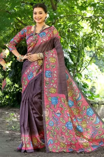 Floral Kalamkari Printed Tussar Silk Saree With Unstitched Blouse Piece