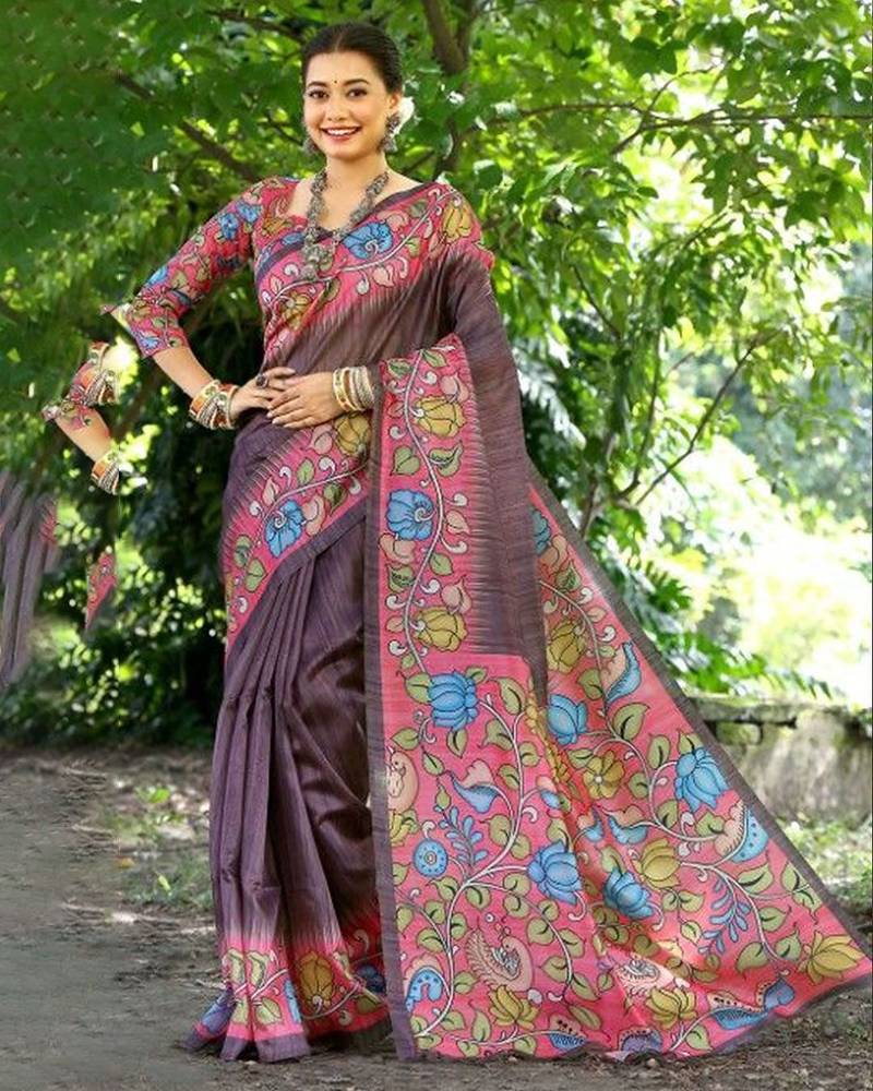 Floral Kalamkari Printed Tussar Silk Saree With Unstitched Blouse Piece