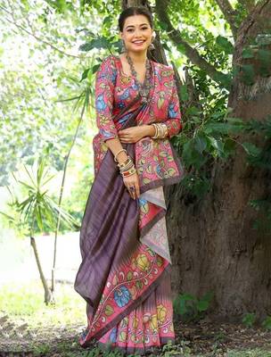 Floral Kalamkari Printed Tussar Silk Saree With Unstitched Blouse Piece 4