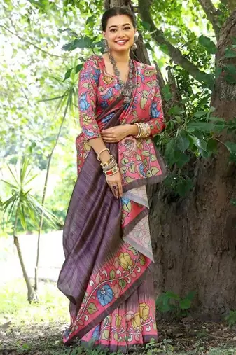Floral Kalamkari Printed Tussar Silk Saree With Unstitched Blouse Piece