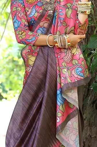 Floral Kalamkari Printed Tussar Silk Saree With Unstitched Blouse Piece