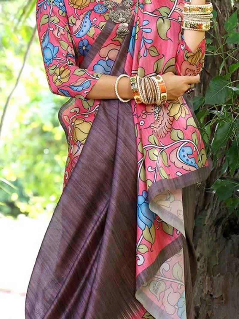 Floral Kalamkari Printed Tussar Silk Saree With Unstitched Blouse Piece