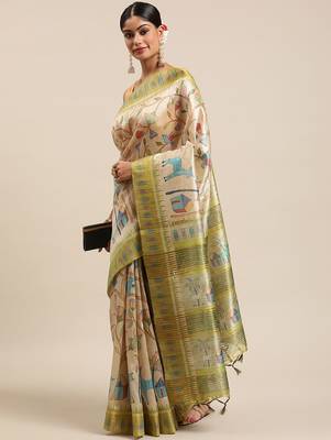 Beige & Green Kalamkari Zari Silk Cotton Tussar Saree 1