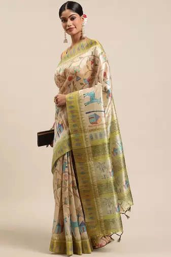 Beige & Green Kalamkari Zari Silk Cotton Tussar Saree