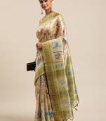 Beige & Green Kalamkari Zari Silk Cotton Tussar Saree
