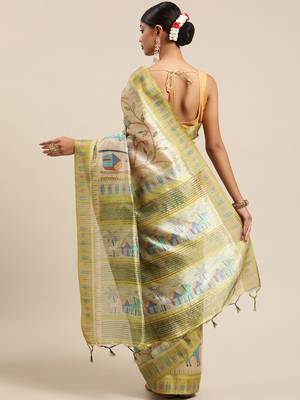 Beige & Green Kalamkari Zari Silk Cotton Tussar Saree 2