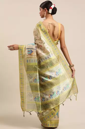 Beige & Green Kalamkari Zari Silk Cotton Tussar Saree