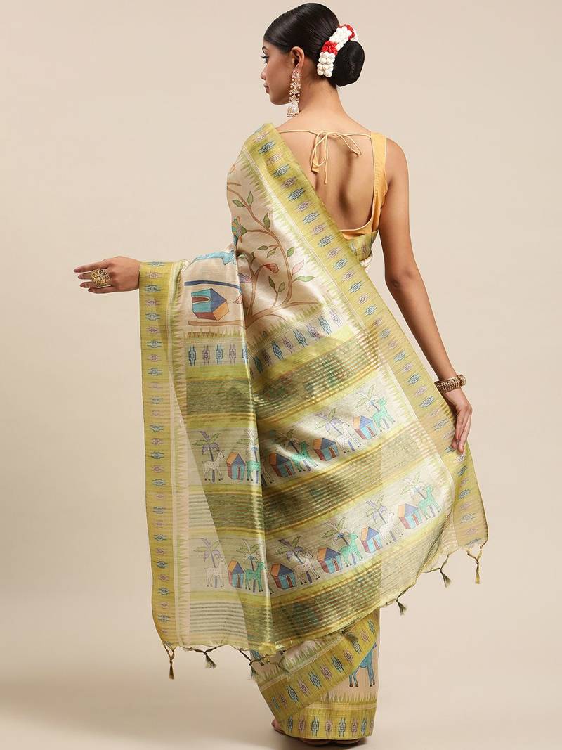 Beige & Green Kalamkari Zari Silk Cotton Tussar Saree