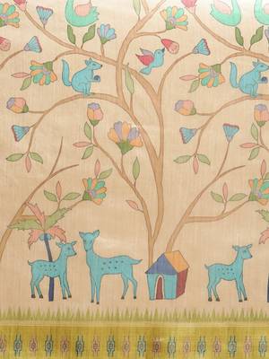Beige & Green Kalamkari Zari Silk Cotton Tussar Saree 3
