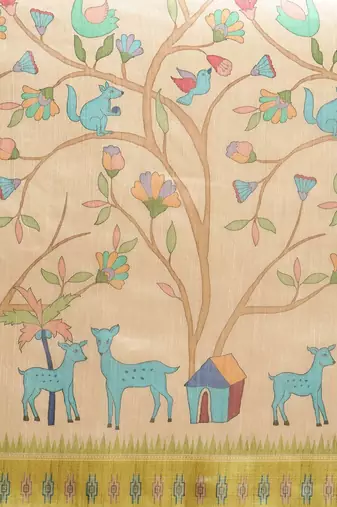 Beige & Green Kalamkari Zari Silk Cotton Tussar Saree