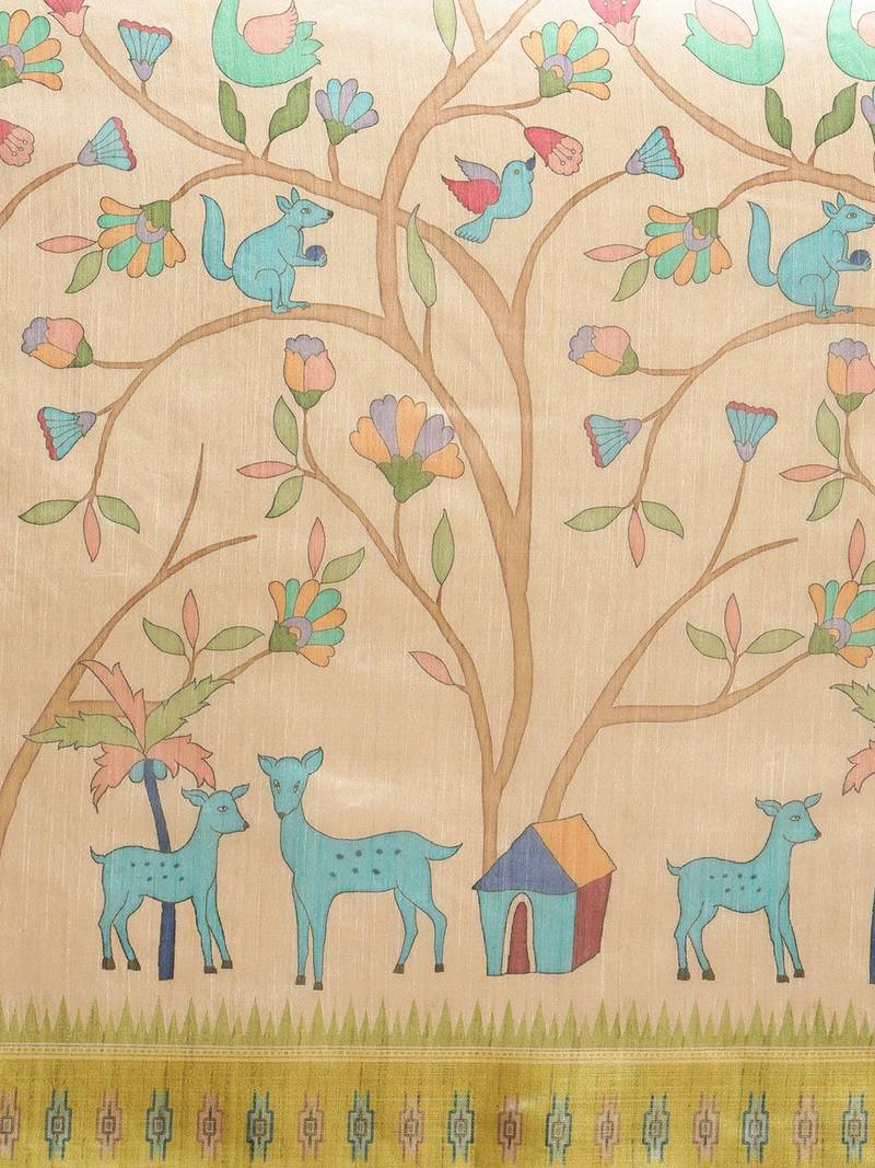 Beige & Green Kalamkari Zari Silk Cotton Tussar Saree