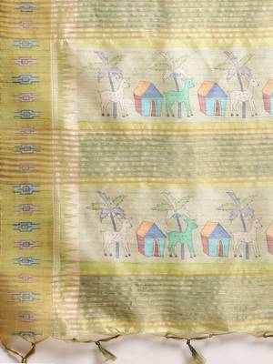Beige & Green Kalamkari Zari Silk Cotton Tussar Saree 4