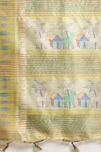 Beige & Green Kalamkari Zari Silk Cotton Tussar Saree