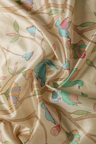 Beige & Green Kalamkari Zari Silk Cotton Tussar Saree
