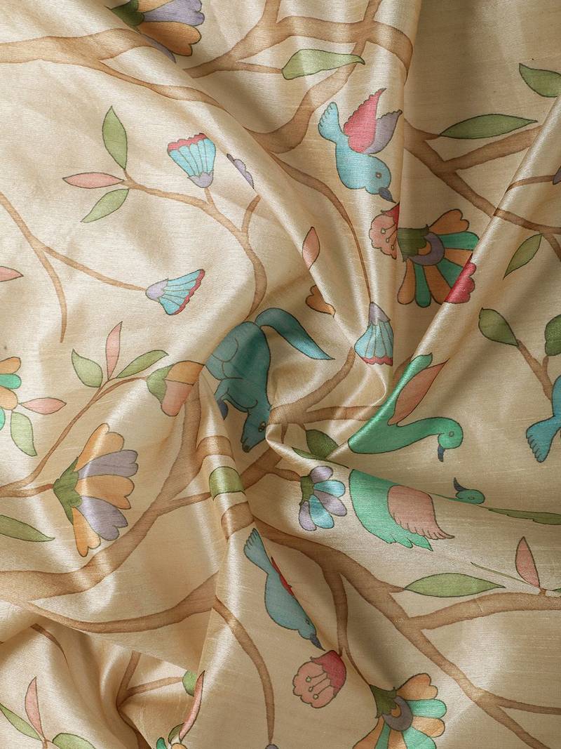 Beige & Green Kalamkari Zari Silk Cotton Tussar Saree