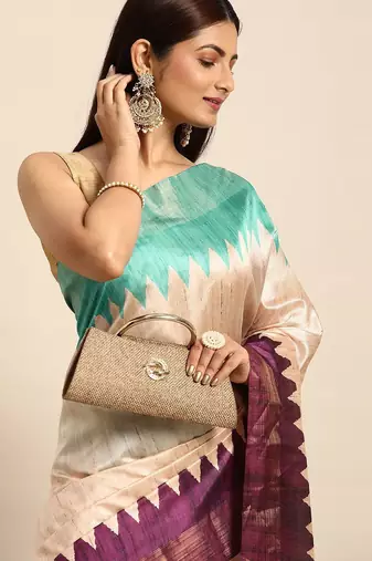 Colourblocked Silk Blend Tussar Saree