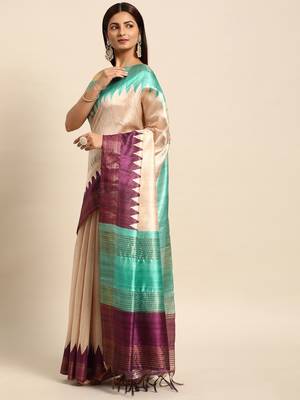 Colourblocked Silk Blend Tussar Saree 2