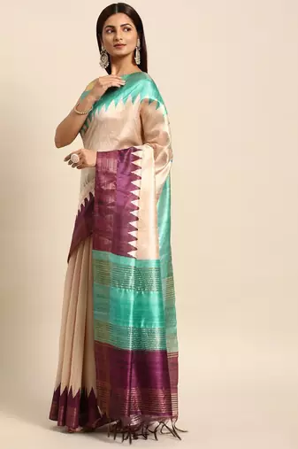 Colourblocked Silk Blend Tussar Saree