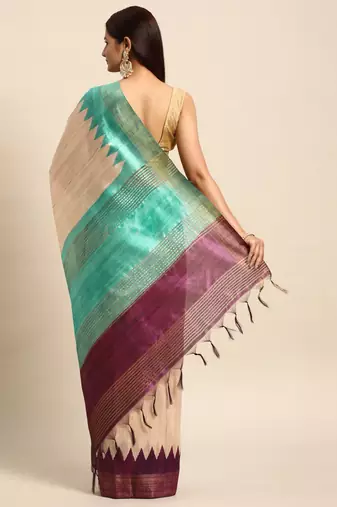 Colourblocked Silk Blend Tussar Saree
