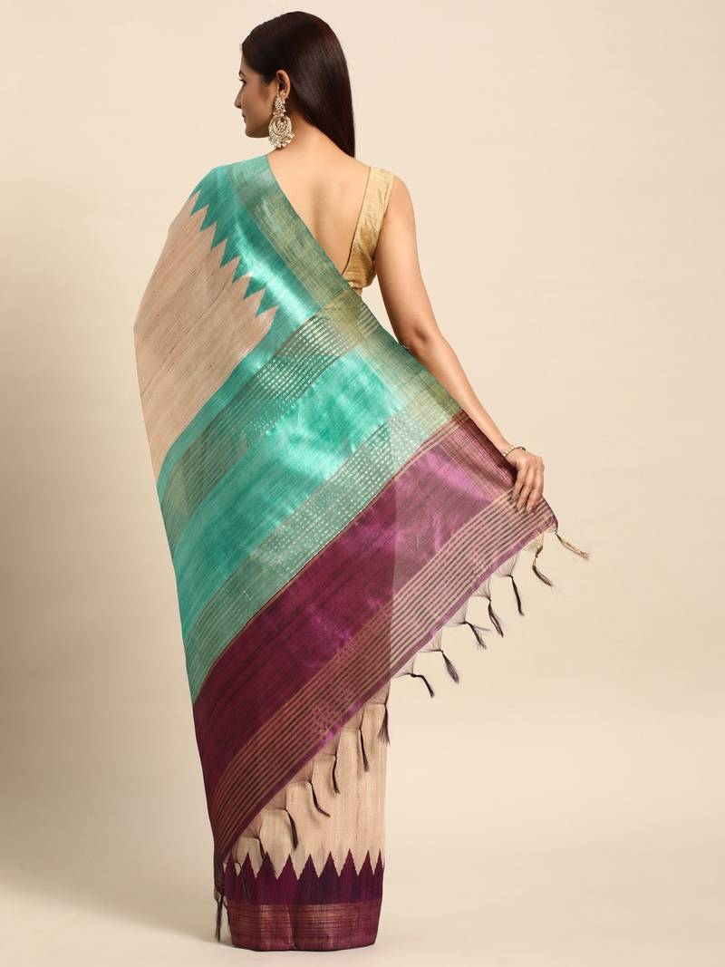 Colourblocked Silk Blend Tussar Saree