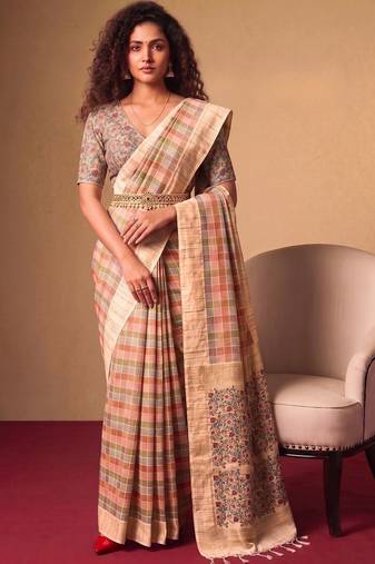 Checked Zari Jute Silk Fusion Tussar Saree
