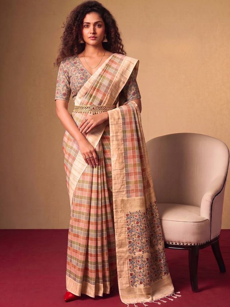 Checked Zari Jute Silk Fusion Tussar Saree