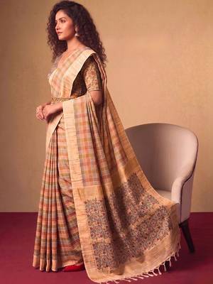 Checked Zari Jute Silk Fusion Tussar Saree 3